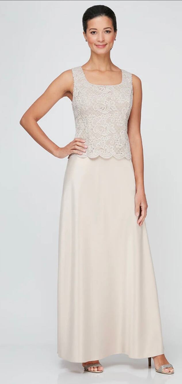 Alex Evenings Taupe Glitter Lace and Satin Long Gown Dress 8 NWT